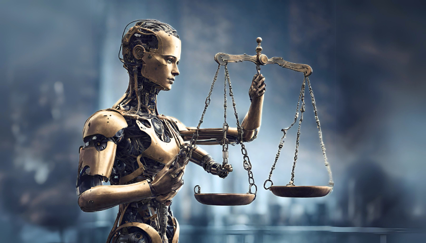 This is an AI generated image. It shows a not-quite complete personified representation of AI holding a jacked-up scales of justice.