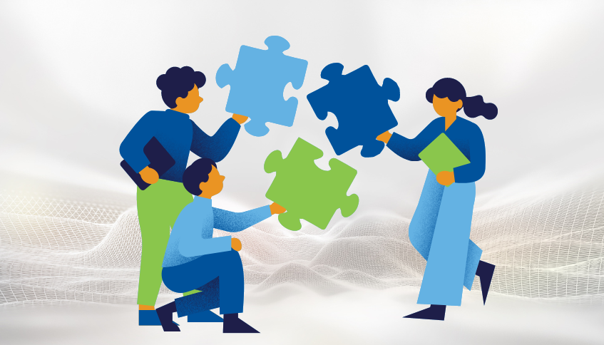 Three 2D cartoon-like humans dressed variably in dark blue, light blue, or lime green holding large puzzle pieces in towards each other.